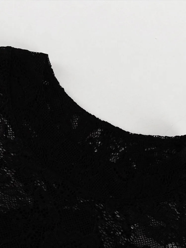Sexy Lace Hollow Out A-lined Long Dresses Women Vintage Loose Perspective O-neck Black Dress Female Chic Elegant Party Street