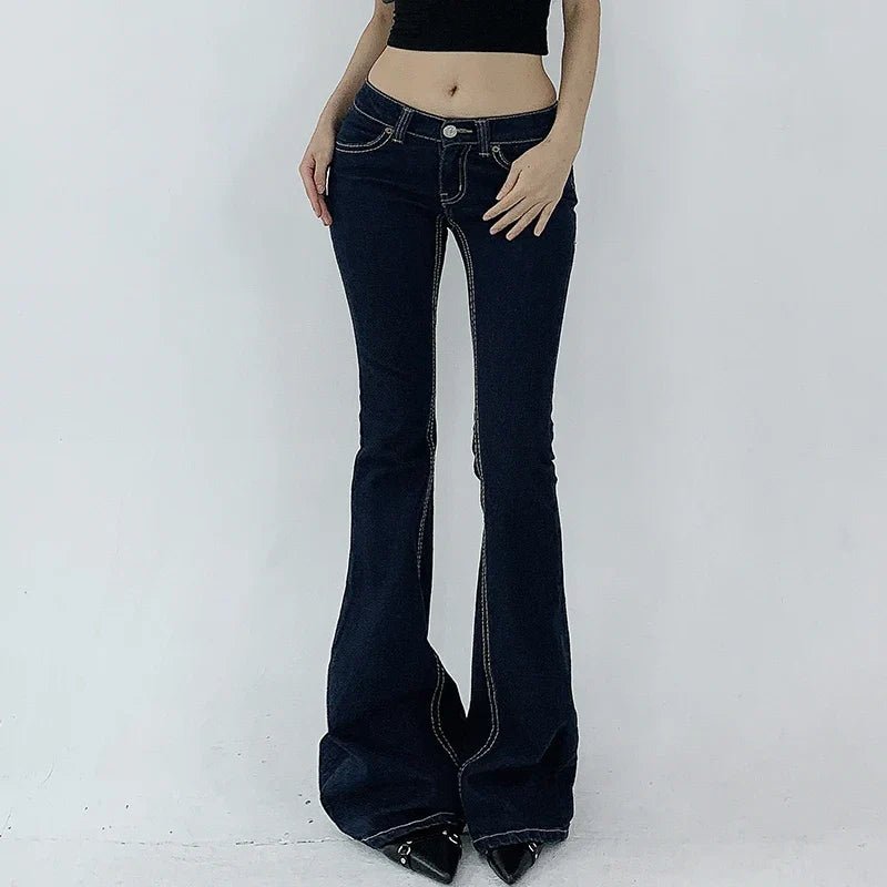 Vintage Dark Blue Y2K Flare Jeans Women Low Rise Skinny Denim Trousers Fashion Basic Boot Cut Pants Retro High Street