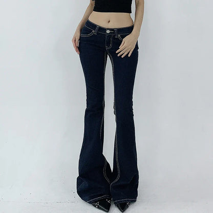 Vintage Dark Blue Y2K Flare Jeans Women Low Rise Skinny Denim Trousers Fashion Basic Boot Cut Pants Retro High Street