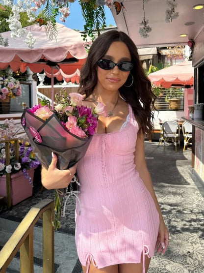 New Pink White Lace Patchwork Short Dress For Women's Clothing Ruffle Square Collar Vacation Beach Summer Knit Slip Dress