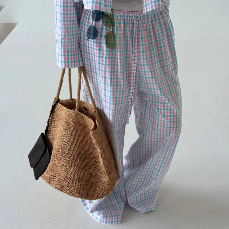 Women's Pink Blue Plaid Set Oversized Shirt & Wide-Leg Pants 2 Piece Set Casual Loose Long Sleeve Co-ord Outfits Chic Tracksuit