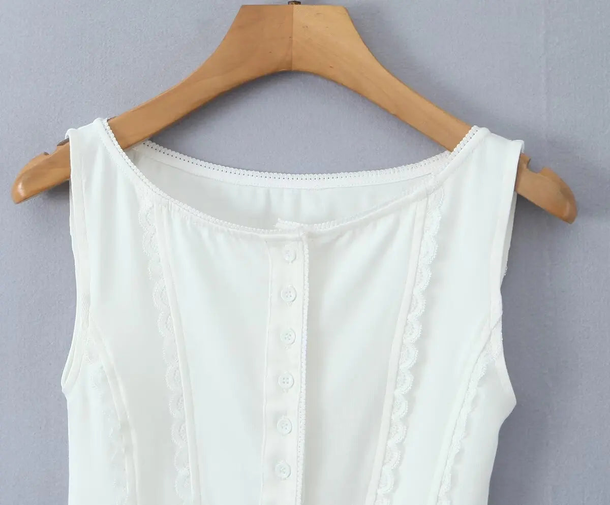 Red White Slim Tank Top Women Sleeveless O Neck Lace Spliced Summer Crop Top Streetwear ropa de mujer