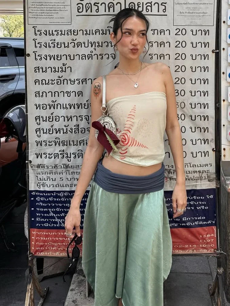 Sexy Vacation Style 2 Piece Set Woman Star Print Wrap Chest Backless Tank Tops+Color Blocking Long Skirts Streetwear