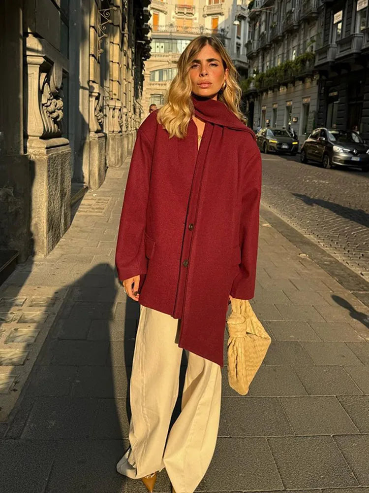 Causal Burgundy Women Autumn Full Sleeve Woolen Coat With Scarf Fashion Solid Single Breasted Jacket Female New Chic Office Wear