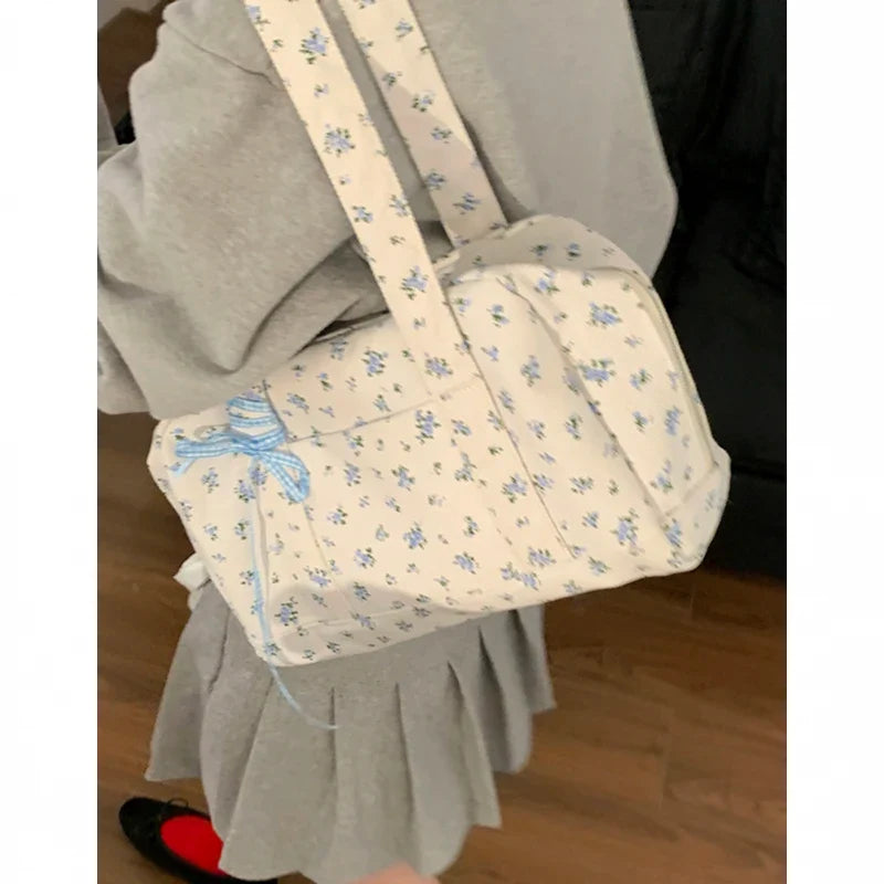 Large Capacity Canvas Bags for Women's Korean Fashion Summer Floral Shoulder Versatile Commuting Underarm Bag