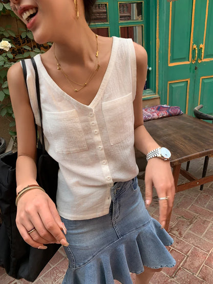 Casual Women Thin Cotton Summer Vest 2024 New V-neck Pocket Single Breasted Office Lady Tank Beige Black Fashion Sleeveless Top