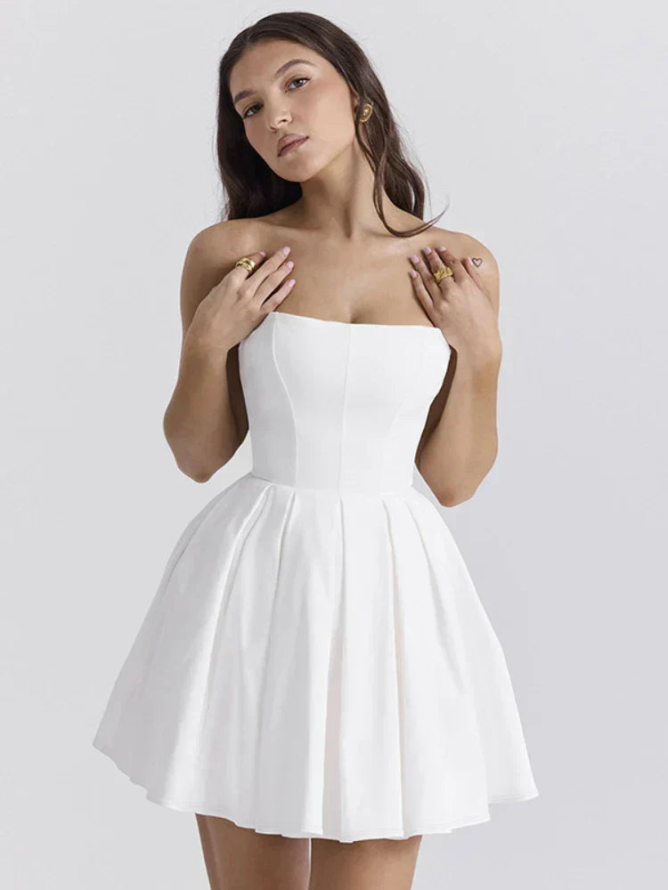 Strapless Corset Panel Pleated Fit and Flare Mini Dress