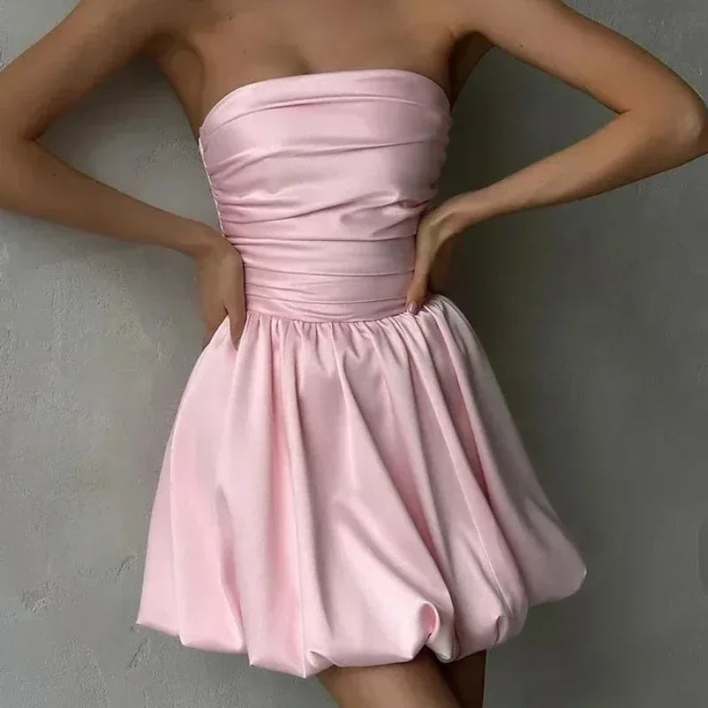 Bandeau Off Shoulder Pleated Silk Dress
