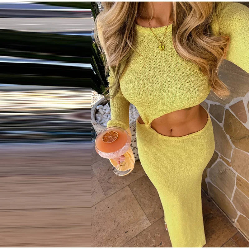 Crew Neck Cutout Twist Waist Side Slit Boucle Knit Maxi Dress