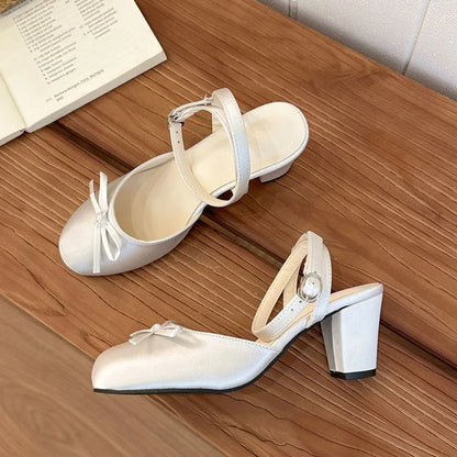 Women's Satin Round Toe Bowknot Block Heel Mary Janes Shoes Ankle Buckle Strap Slingback Pumps Wedding Party High Heels Shoes