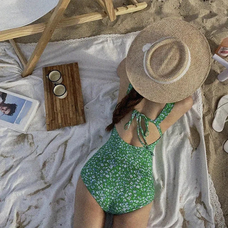 Women One Piece Swimsuit Korean Green Beach Wear Tummy Control Bathing Suit Female Floral Print Monokini Swimming Pool