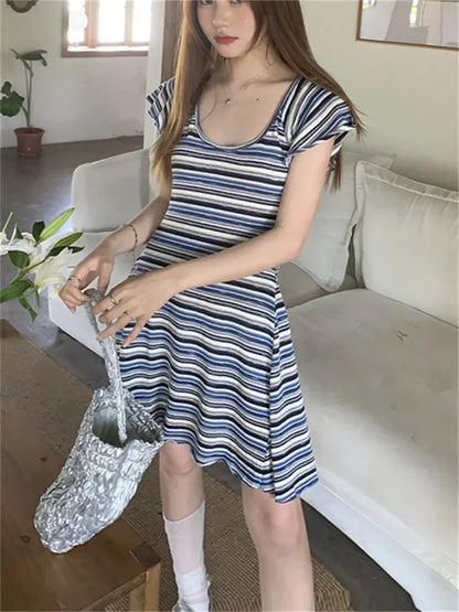 Close Waist Summer Mini Dress Chic Women Knitted Short Sleeve New Soft Casual Stripes All Match Slim Lady