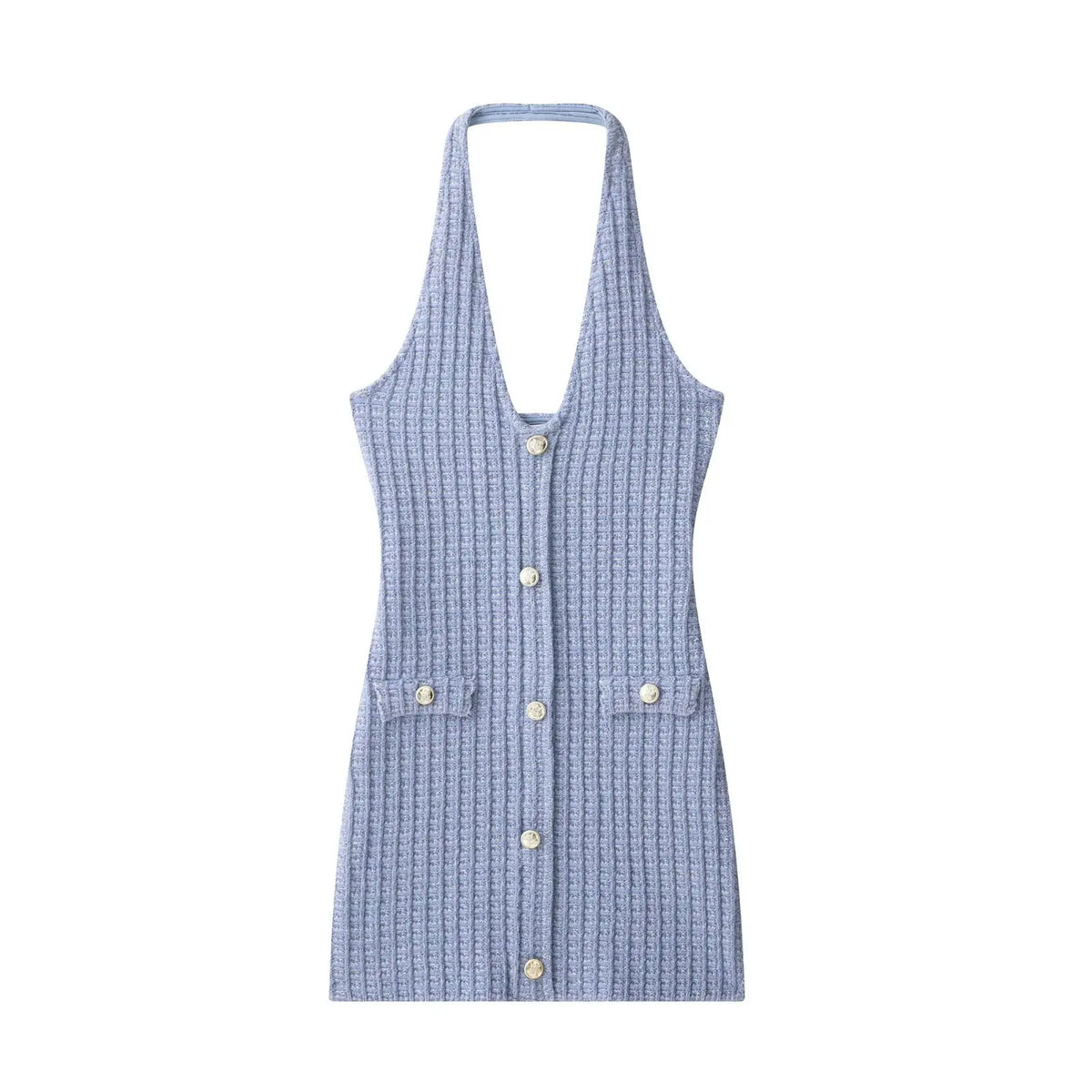 Halter Neck Single Breasted Knit Women Dress Sleeveless Tight Blue Summer Short Dress 2025 New Sexy French Woman Clothing