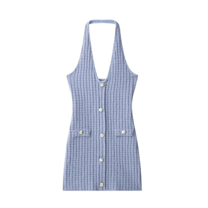 Halter Neck Single Breasted Knit Women Dress Sleeveless Tight Blue Summer Short Dress 2025 New Sexy French Woman Clothing
