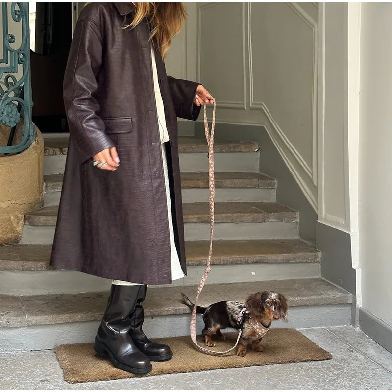 Elegant Burgundy Buttons Litchi Patterned Leather Overcoat Women Fashion Solid Flip Pockets Oversize Jacket Lady Streetwear