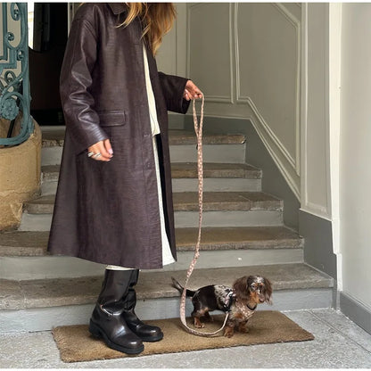 Elegant Burgundy Buttons Litchi Patterned Leather Overcoat Women Fashion Solid Flip Pockets Oversize Jacket Lady Streetwear