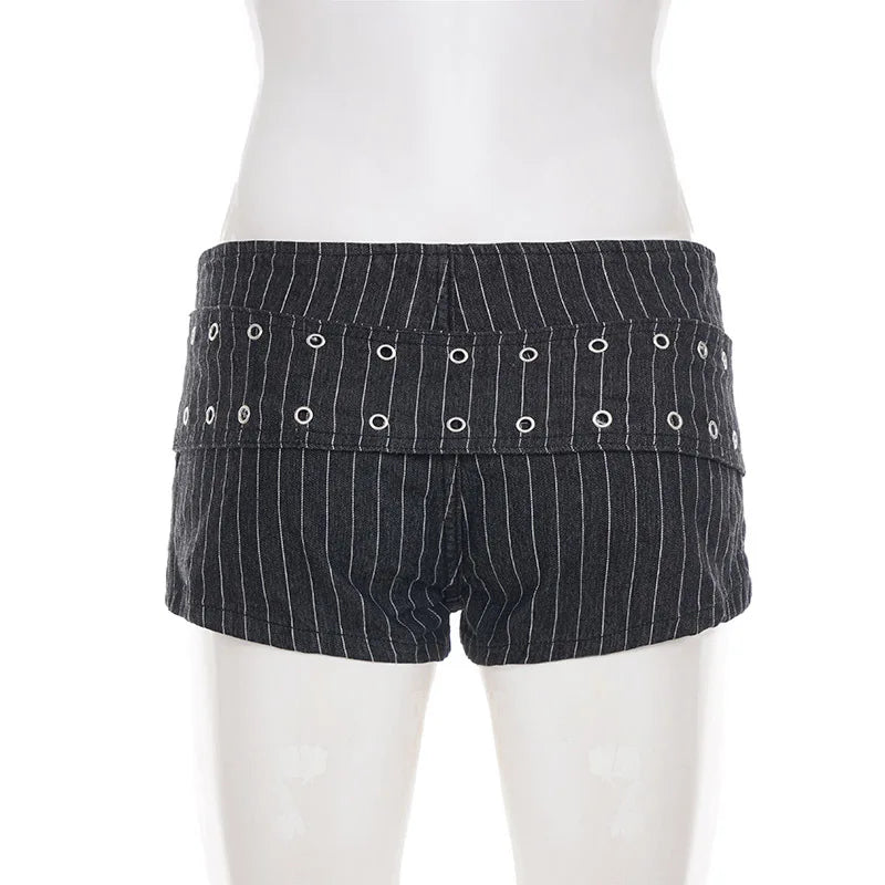 Y2K Striped Denim Shorts Women Summer Streetwear Sexy Hot Pants Metal Eyelet Belt Short Jeans Casual Party Club Outfits