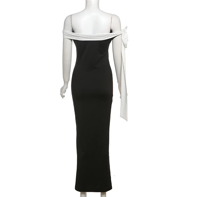 Off Shoulder Contrast Bow Shoulder Ribbon Bodycon Maxi Dress