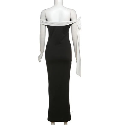 Off Shoulder Contrast Bow Shoulder Ribbon Bodycon Maxi Dress