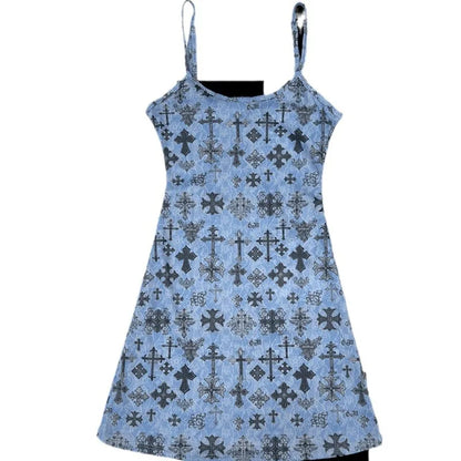 Summer Short Skirt European and American Style New Millennium Spicy Girl Pure Desire Retro Cross Blue Strap Dress for Women