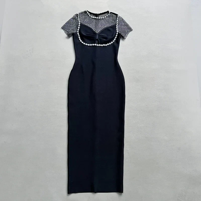 Crystal Embellished Mesh Cap Sleeve Bow Cutout Midi Dress