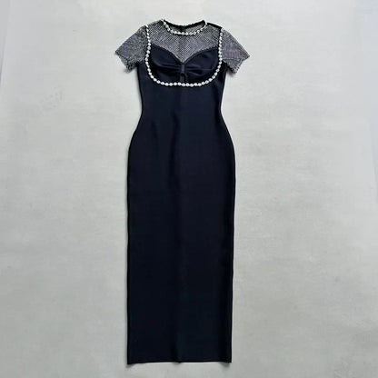 Crystal Embellished Mesh Cap Sleeve Bow Cutout Midi Dress