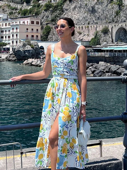 Elegant Flower Print Midi Dresses Women Off Shoulder Sleeveless Backless Lady Long Dress 2024 Summer Fashion Sexy Party Dresses