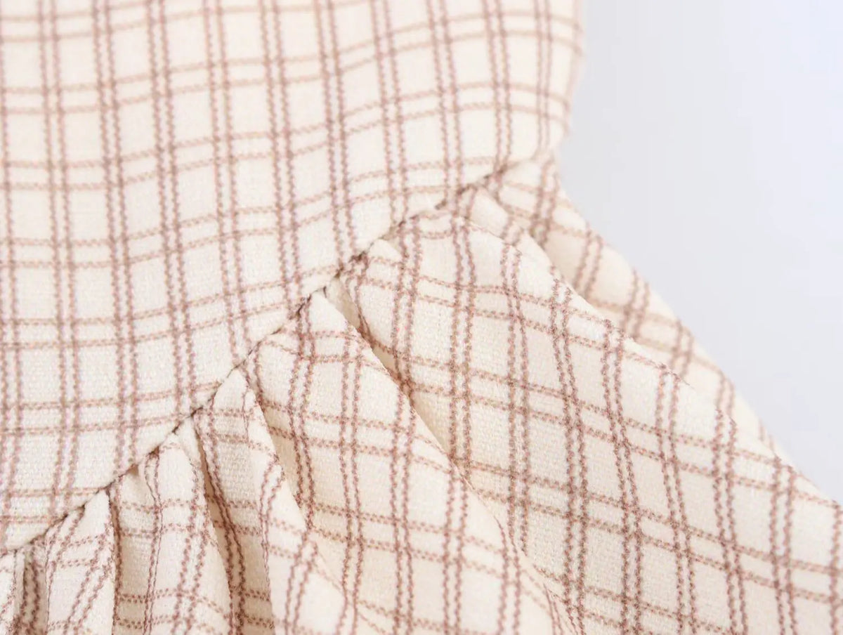 Summer New Khaki Plaid Fashion Short Dress High Waist A-line Hanging Neck Summer Dress Y2K Sweet Chic Woman Clothing
