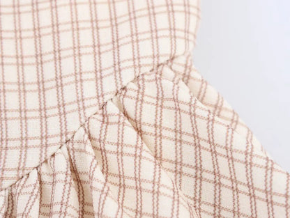 Summer New Khaki Plaid Fashion Short Dress High Waist A-line Hanging Neck Summer Dress Y2K Sweet Chic Woman Clothing