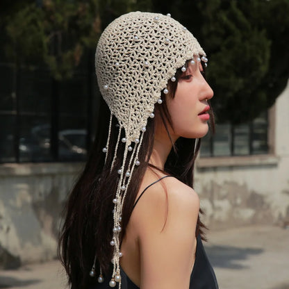 Japanese Spring Summer Handmade Crochet Knitted Hat Hollow Retro Fringed Pearl Sunscreen Hat Fashion Breathable Court Beanie Cap