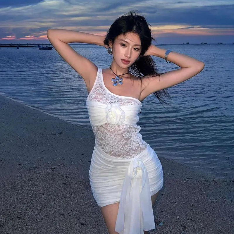 Lace Hollow Out Single Shoulder Dress For Women Solid Color Fold 3D Flower Lace Up Summer Party New Wrap Buttocks Dress