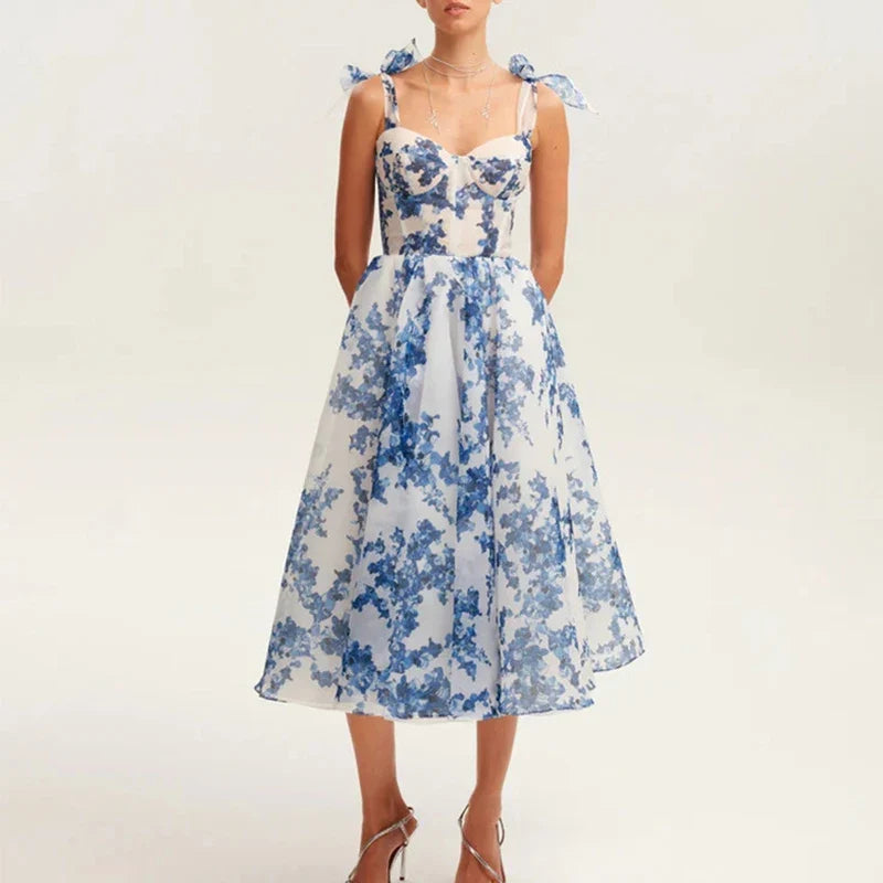 Ladies Temperament Floral Print Party Dress 2024 Fashion Off Shoulder Bow Strap Long Dress Elegant Mesh Sleeveless Evening Dress