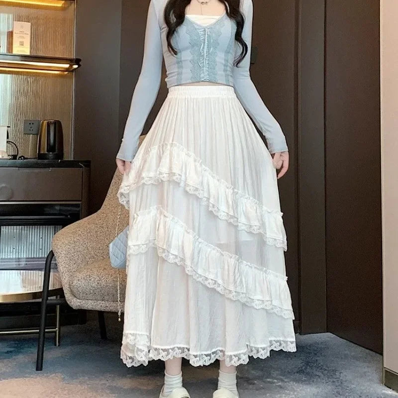 Women Skirts Irregular Lace Split Stretch High Waist Ruffles Spring Summer Sweet Fashion Casual Loose Long Skirt Female