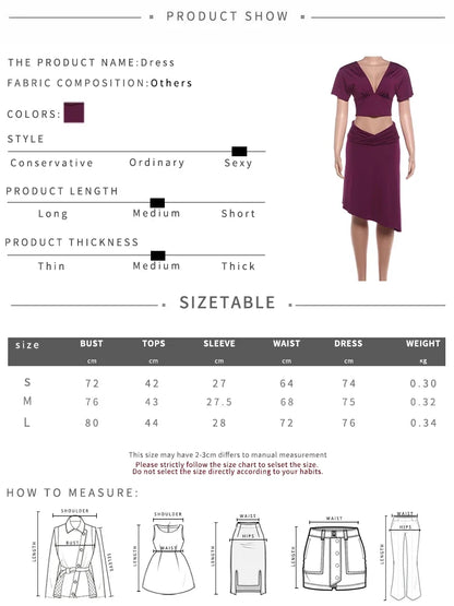 Chic Ruched Elegant 2 Piece Set Woman Trend V-Neck Backless Short Sleeve Crop Tops+Low Waist Mid Skirt Fashion Suit
