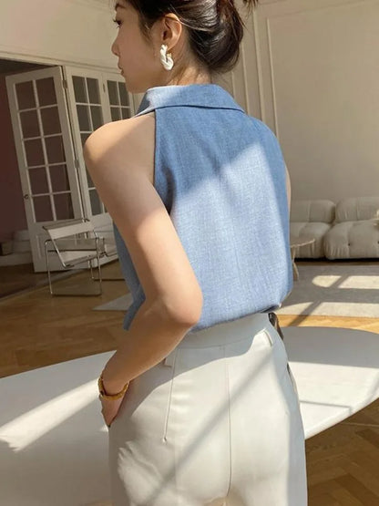 Temperament Lapel Blouse Women Sleeveless Off Shoulder Blue Shirts Office Lady Formal Elegant Fashion Tops Summer Chic