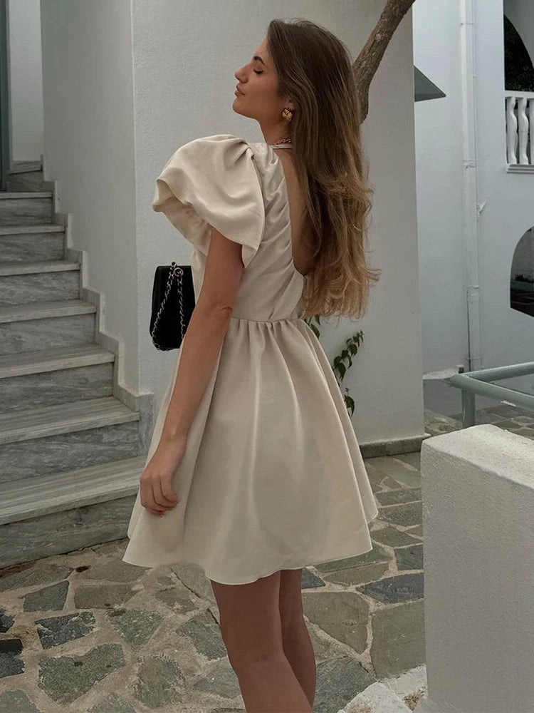 Sweet Solid Puff Short Sleeve Women Mini Dress Elegant V-neck Backless Pleated A-line Dresses 2024 Summer Lady Party Club Robes