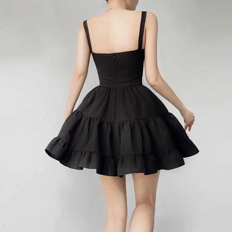 Coalfell Slip Black Puffy Dress Women Short Hotsweet Simple Square Neck Skinny Slimming Little Black Dresses