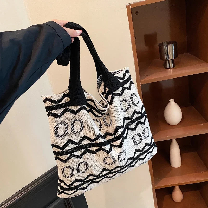 Boho Women Bag Fashion Knitted Handbag Shoulder Bag Japanese Style Woolen Crochet Woven Bag Large Capacity Top Handle Tote Bag