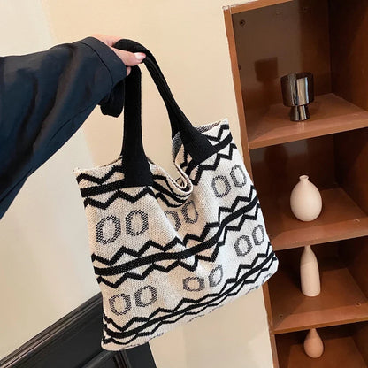 Boho Women Bag Fashion Knitted Handbag Shoulder Bag Japanese Style Woolen Crochet Woven Bag Large Capacity Top Handle Tote Bag