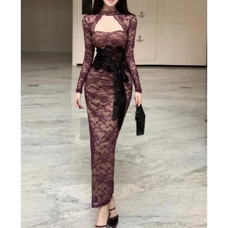Autumn High-end Lace Leopard Print Fairy Dress New Niche Design Slim Fit Dress