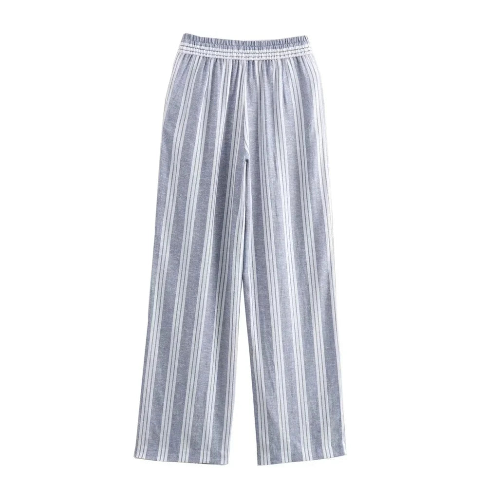 New Women's Fashion and Casual Versatile High Waist Lace Up Straight Slender Striped Pants
