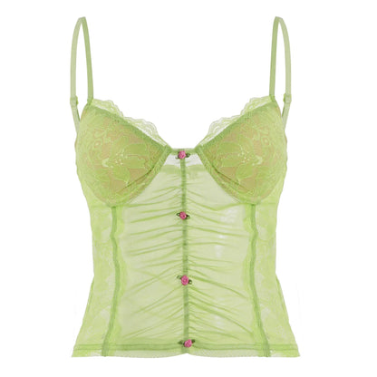 New Women's Lace Patchwork Mesh V Neck Cami Top Sexy 3D Floral Decor See Through Slim Y2K Club Party Streetwear