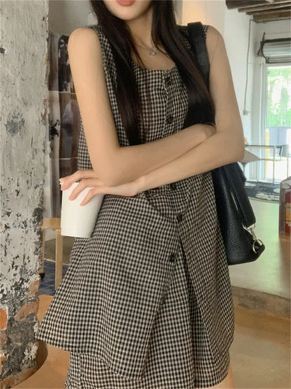 Minimalist Women Two Pieces Suits Chic Office Lady Vest Coats Plaid Wide Leg Shorts Loose Work Wear Elegant Set