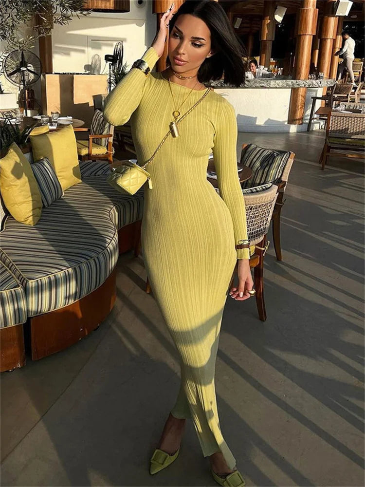 Rib Knit Crew Neck Long Sleeve Bodycon Maxi Dress