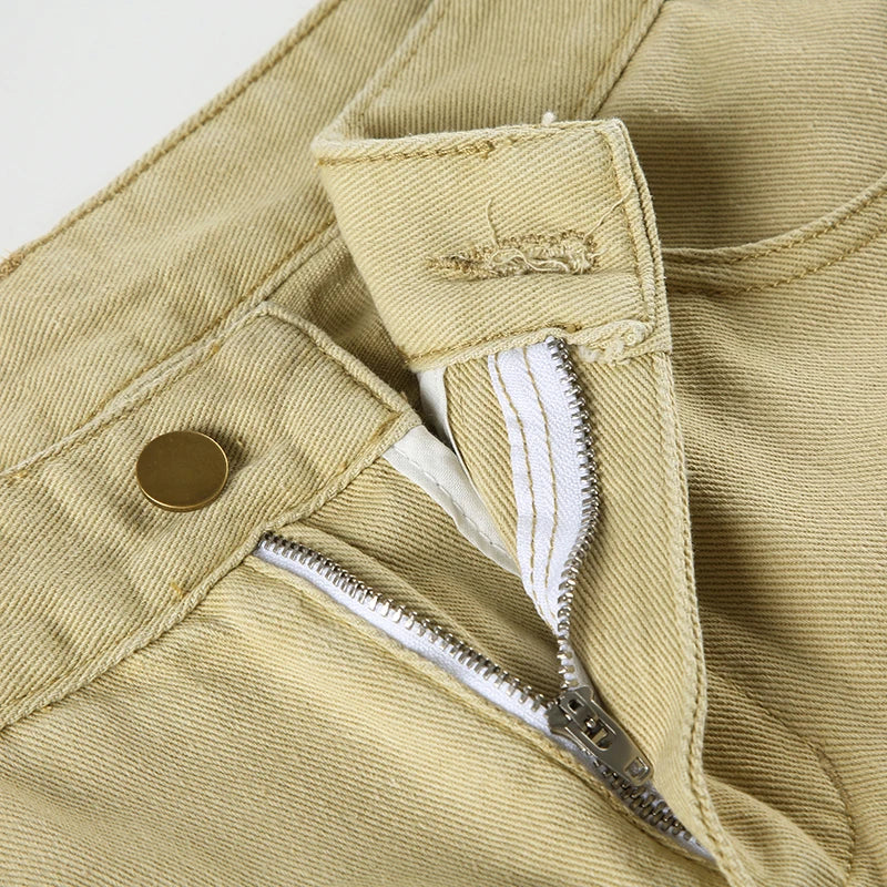 Y2K Casual Women Straight Jeans Khaki Fashion Pocket Cargo Pants Retro 90s Loose Denim Trousers Spring High Street