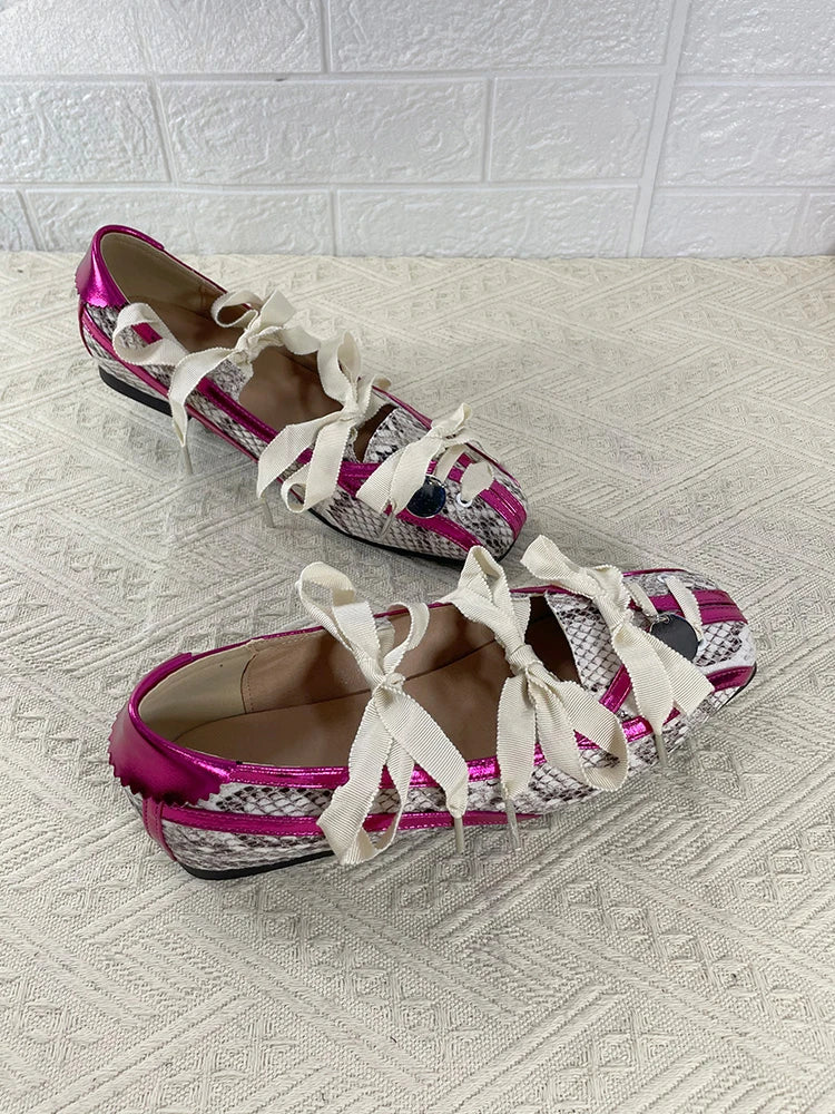Spring Lolita Square Toe Purple Flat Ballet Shoes Women's 2024 New Straps Bow Color Matching Mary Jane Shoes