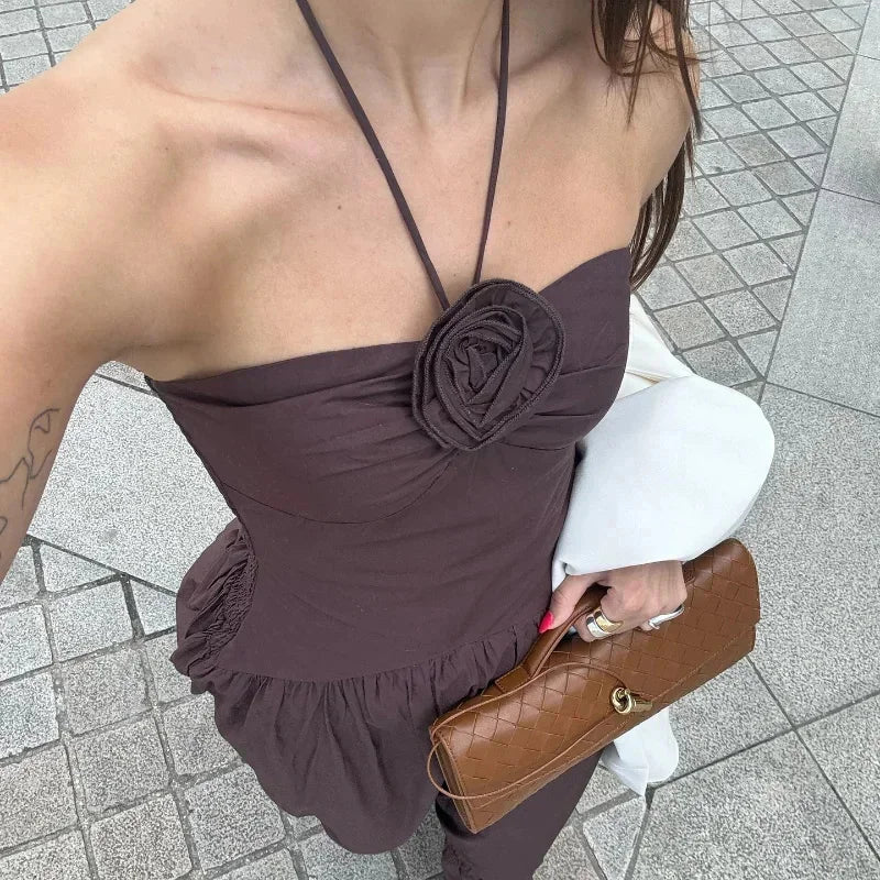 Elegant 3D Flower Halter Long Dress Women Pleated Backless Patchwork Sleeveless Off Shoulder Party Dresses New Holiday Robe