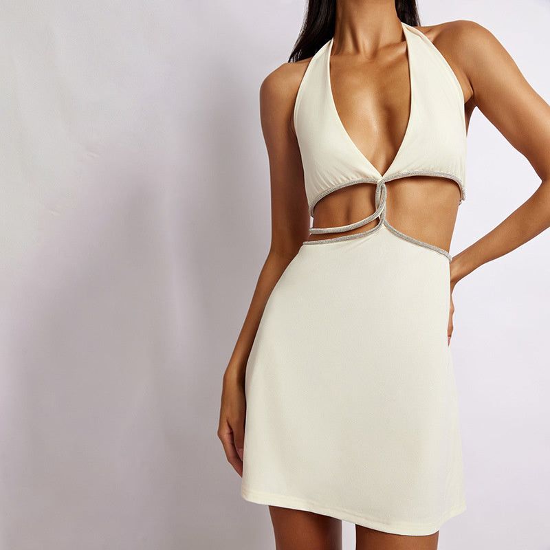 Rhinestone Trim Halter Neck Twist Cutout Bodycon Mini Dress