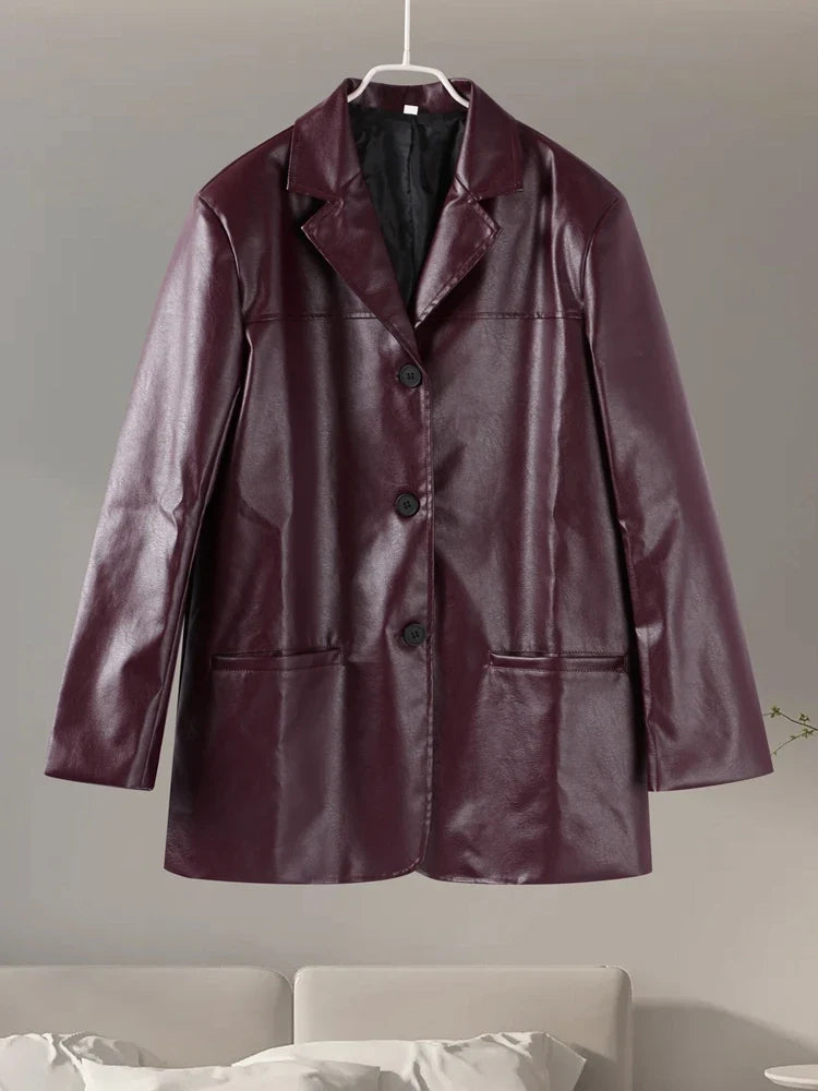 Women's PU Leather Jackets Casual Turn Down Collar Long Sleeve Single Breasted Pockets Loose Female Motorcycle Coat Lady Outwear