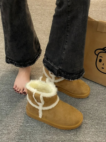 Flat Heel Snow Boots For Women Shoes Round Toe Winter Footwear Boots-Women Plush Ladies Low Fur Fabric Solid Rome Basic La